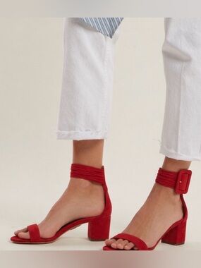 Aquazzura Sandals Sz 36.5 US 6.5 Italian Red Suede Ankle Strap Block Heel Chic